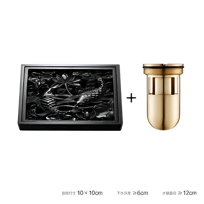 Embossed floral black brass square floor drain shower room