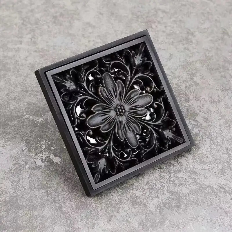 Embossed floral black brass square floor drain shower room