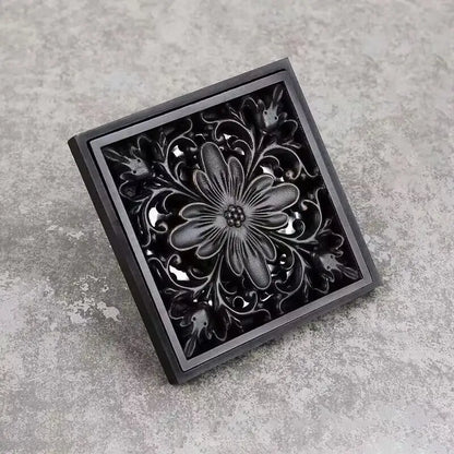 Embossed floral black brass square floor drain shower room