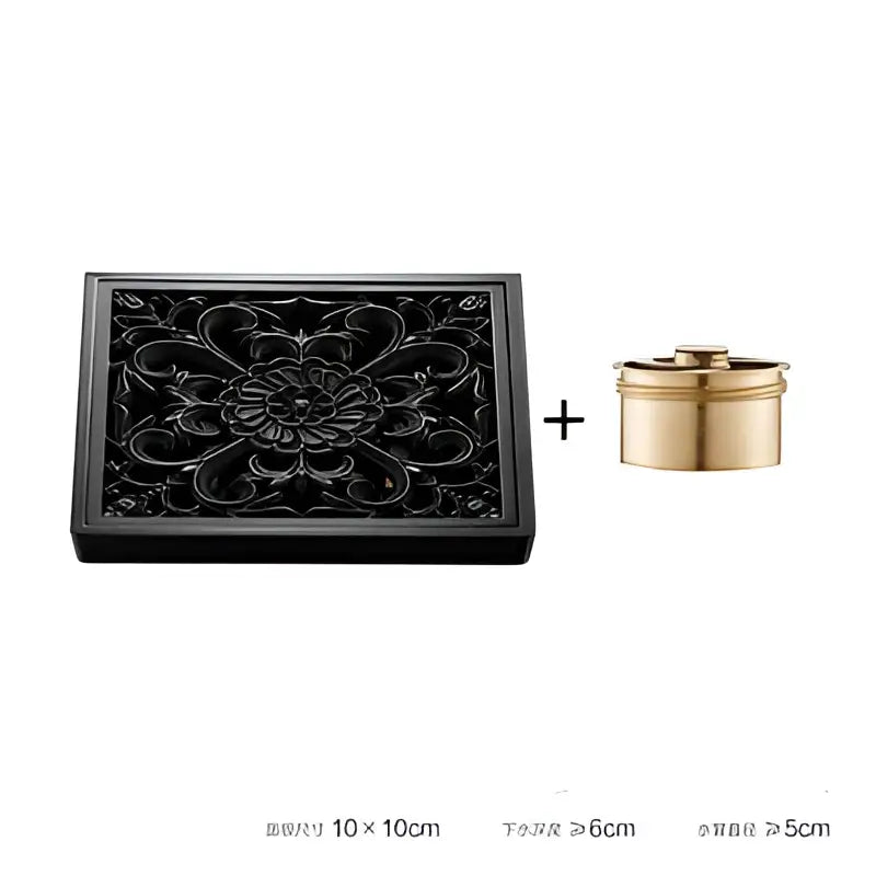 Embossed floral black brass square floor drain shower room