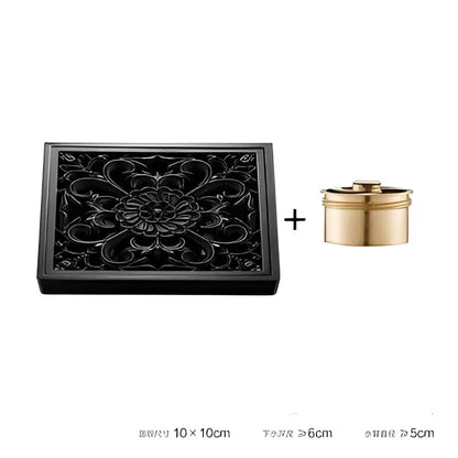 Embossed floral black brass square floor drain shower room