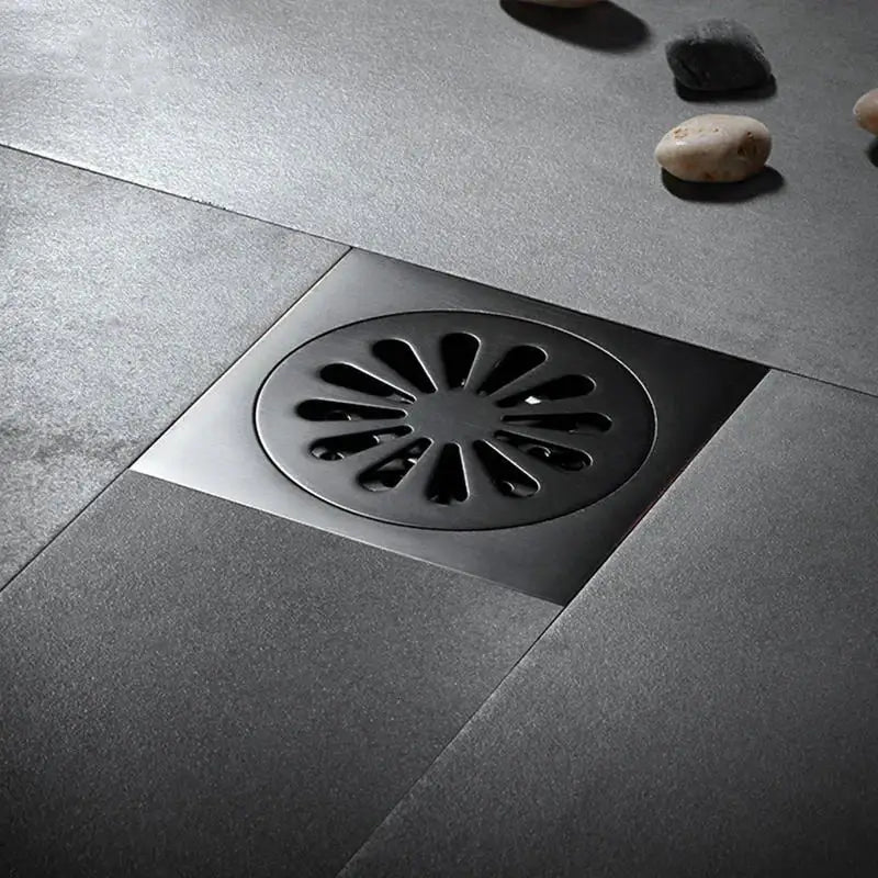 Embossed floral black brass square floor drain shower room