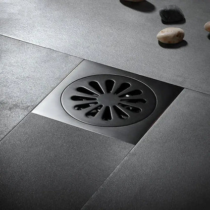 Embossed floral black brass square floor drain shower room