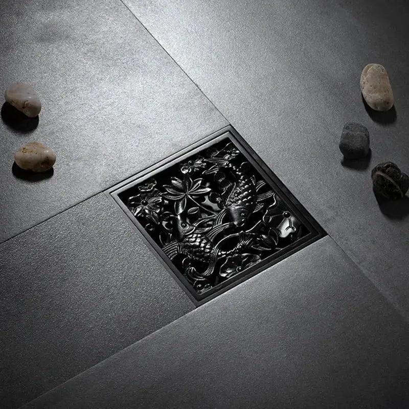 Embossed floral black brass square floor drain shower room