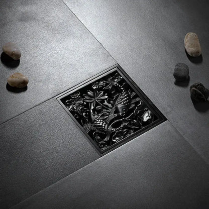 Embossed floral black brass square floor drain shower room
