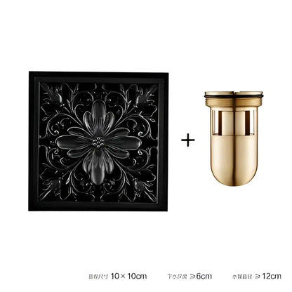 Embossed floral black brass square floor drain shower room