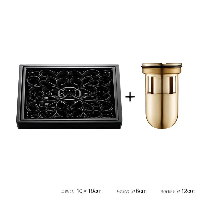 Embossed floral black brass square floor drain shower room