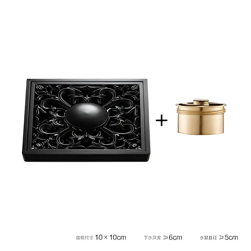 Embossed floral black brass square floor drain shower room