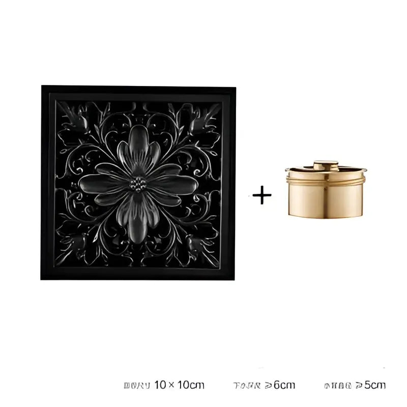 Embossed floral black brass square floor drain shower room