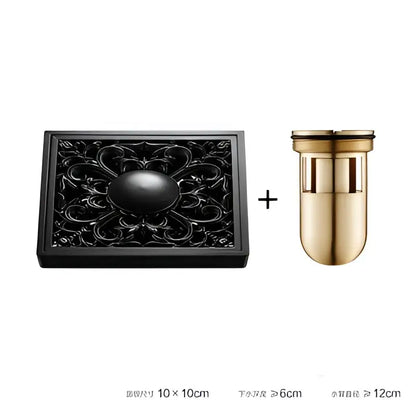 Embossed floral black brass square floor drain shower room