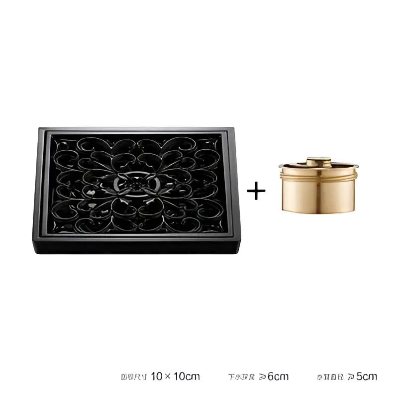 Embossed floral black brass square floor drain shower room