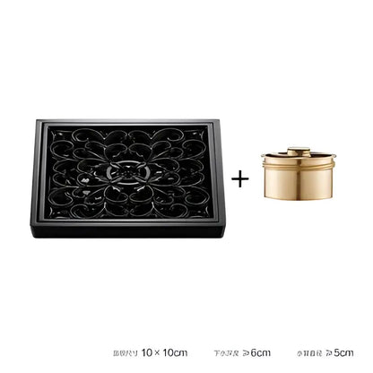 Embossed floral black brass square floor drain shower room