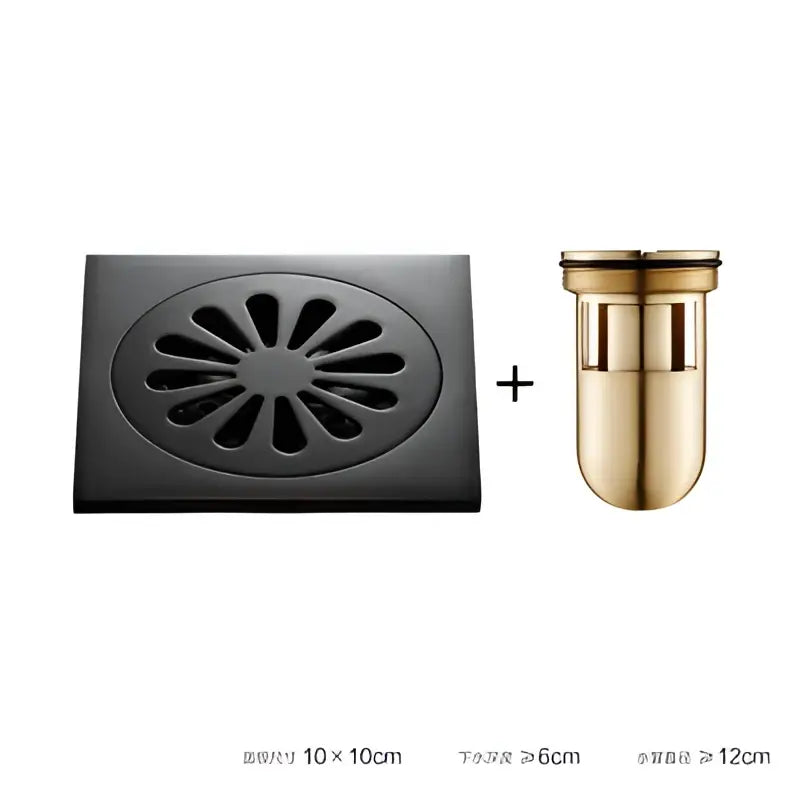 Embossed floral black brass square floor drain shower room