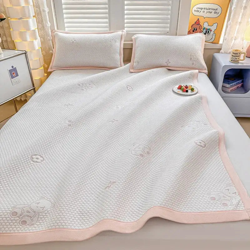 Embroidered bear white & pink cooling feel mat set bedroom mattress