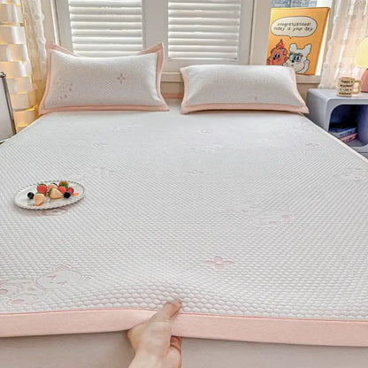 Embroidered bear white & pink cooling feel mat set bedroom mattress