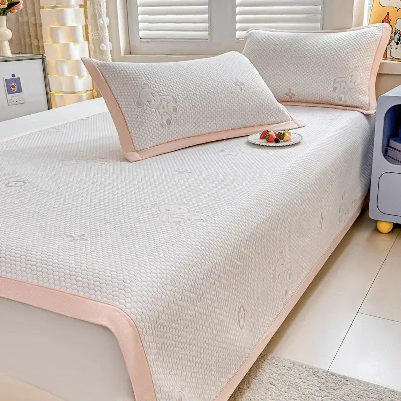 Embroidered bear white & pink cooling feel mat set bedroom mattress