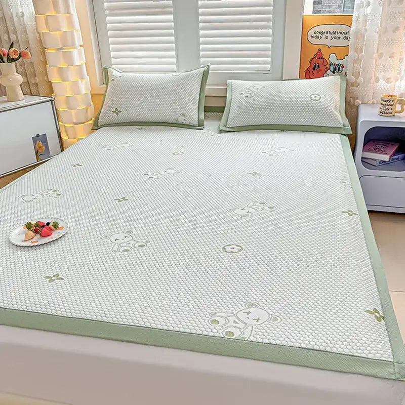 Embroidered bear white & pink cooling feel mat set bedroom mattress