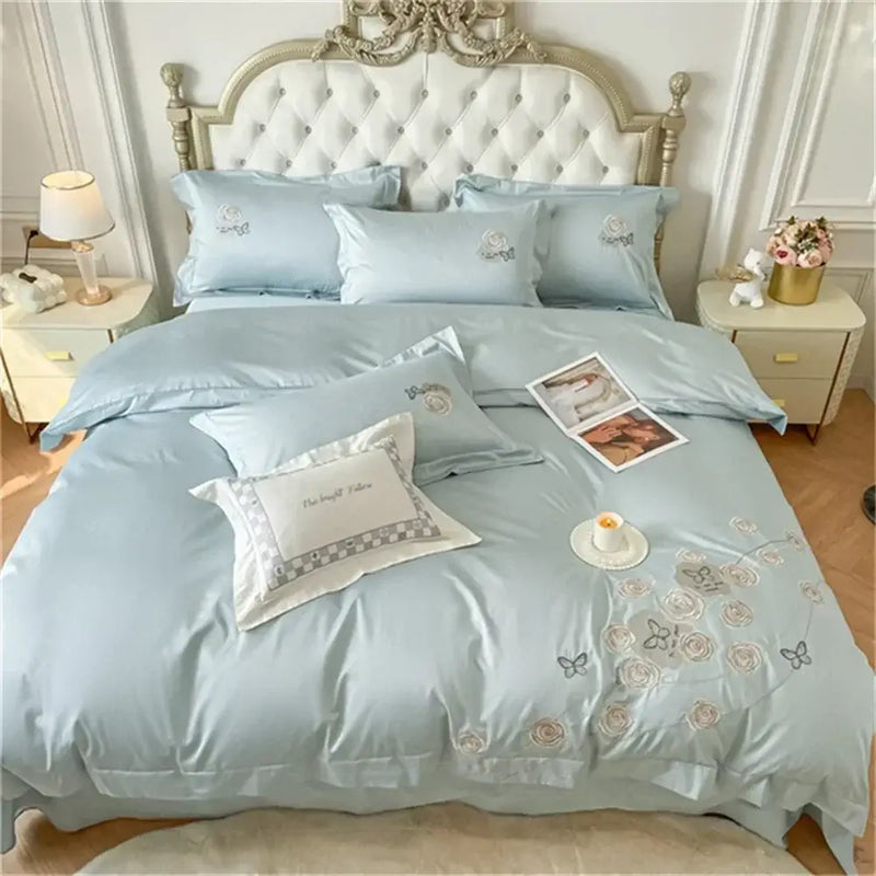 Embroidered blue butterfly flower egyptian cotton duvet cover set bedroom