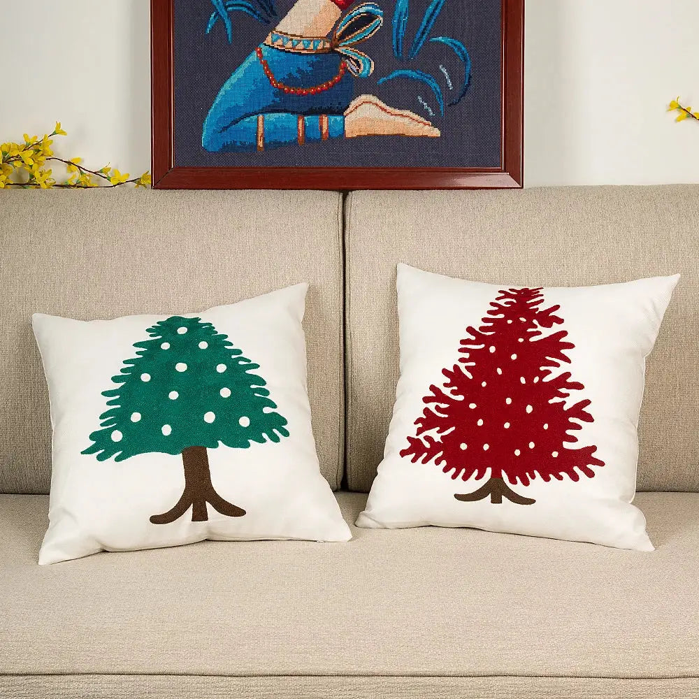 Embroidered christmas tree red & green cushion cover living room