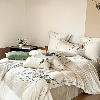 Embroidered cream lyocell cotton bedding set bedroom luxury decor