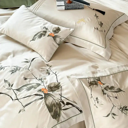 Embroidered cream lyocell cotton bedding set bedroom luxury decor