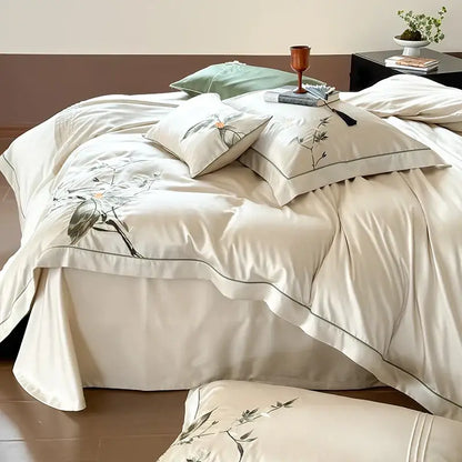 Embroidered cream lyocell cotton bedding set bedroom luxury decor
