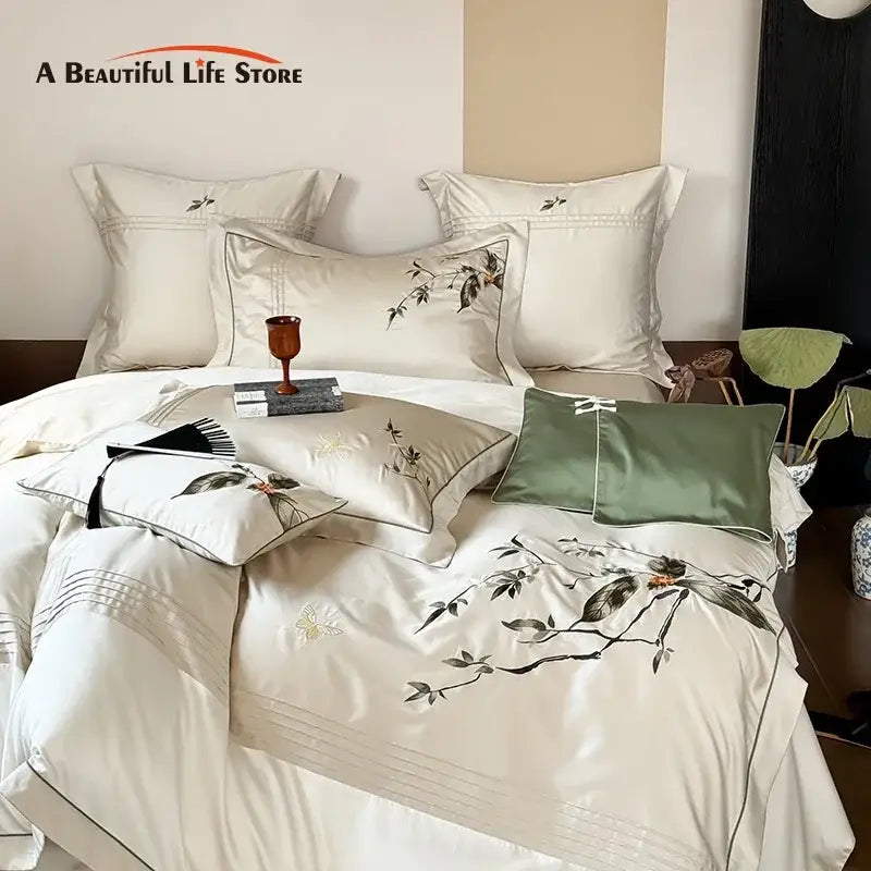 Embroidered cream lyocell cotton bedding set bedroom luxury decor