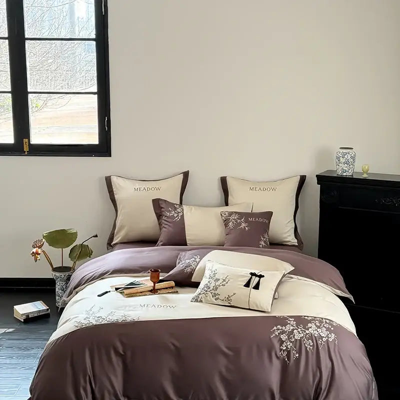 Embroidered cream lyocell cotton bedding set bedroom luxury decor