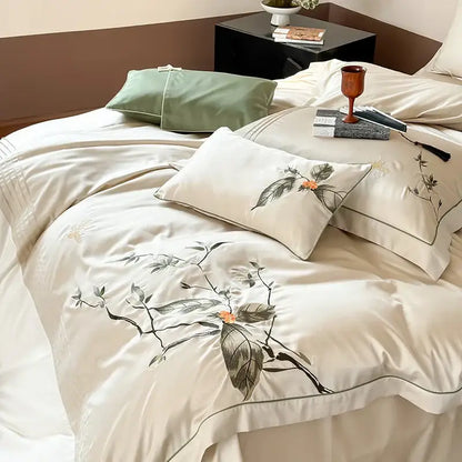 Embroidered cream lyocell cotton bedding set bedroom luxury decor