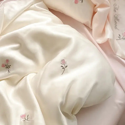 Embroidered cream satin ice silk bedding sets for bedroom sleep