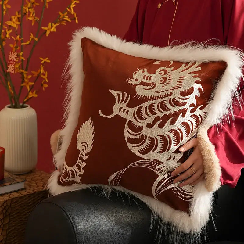 Embroidered dragon year pillowcase rust & white living room decor