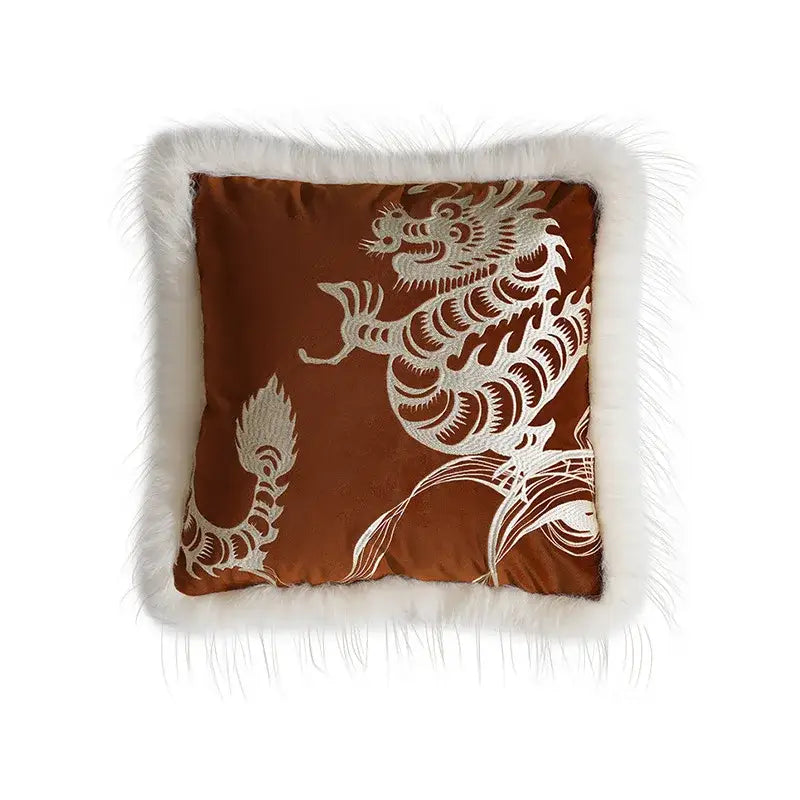 Embroidered dragon year pillowcase rust & white living room decor