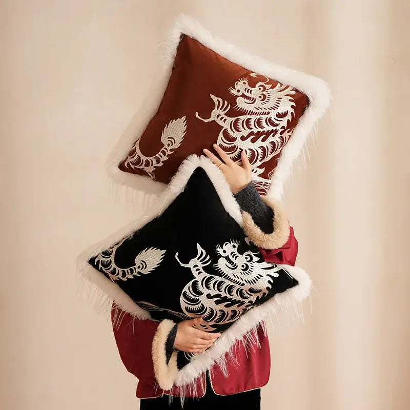Embroidered dragon year pillowcase rust & white living room decor
