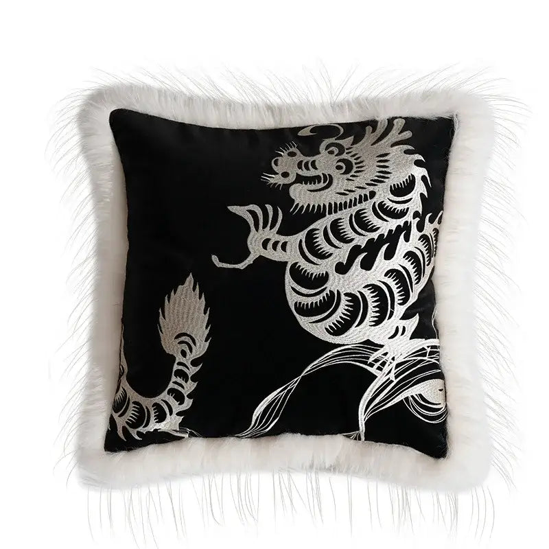 Embroidered dragon year pillowcase rust & white living room decor
