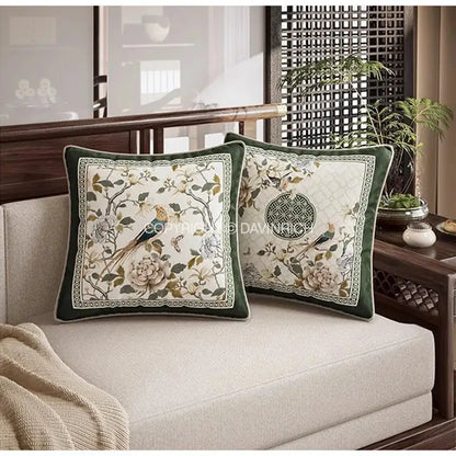 Embroidered dream floral birds dark green velvet cushion covers living room
