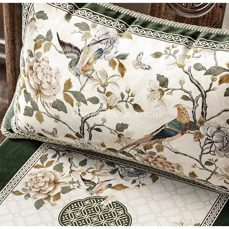 Embroidered dream floral birds dark green velvet cushion covers living room