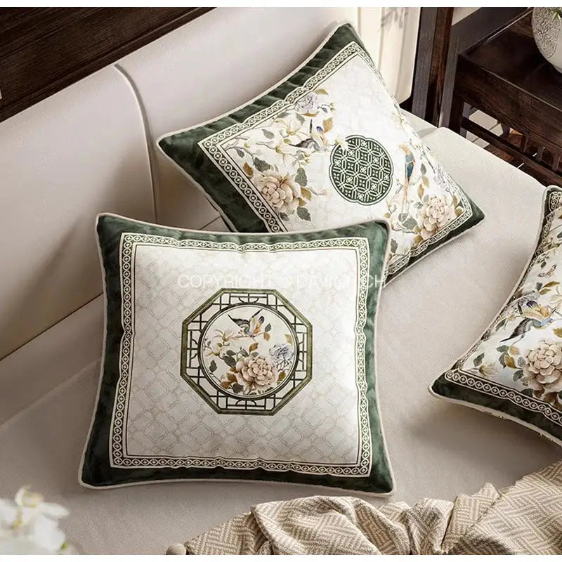 Embroidered dream floral birds dark green velvet cushion covers living room