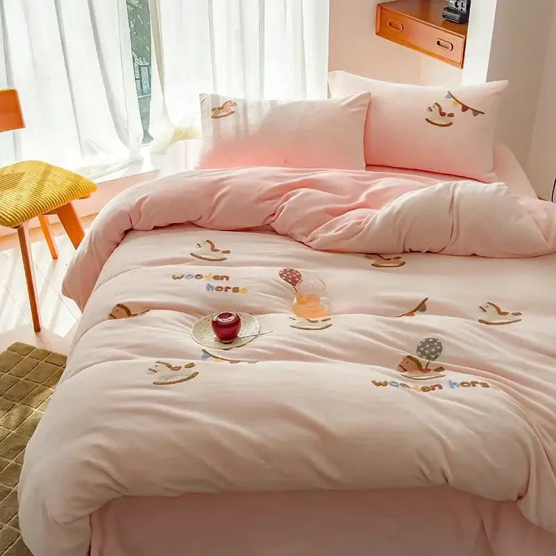 Embroidered fleece winter bedding set cream bedroom teddy bear design