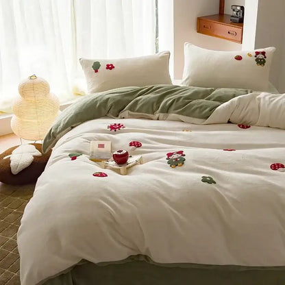 Embroidered fleece winter bedding set cream bedroom teddy bear design