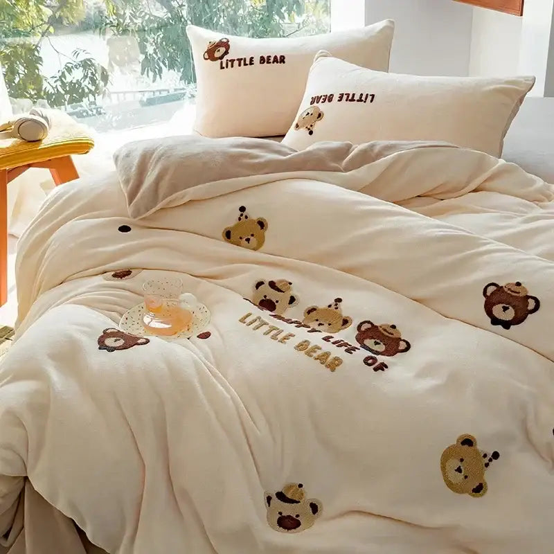 Embroidered fleece winter bedding set cream bedroom teddy bear design