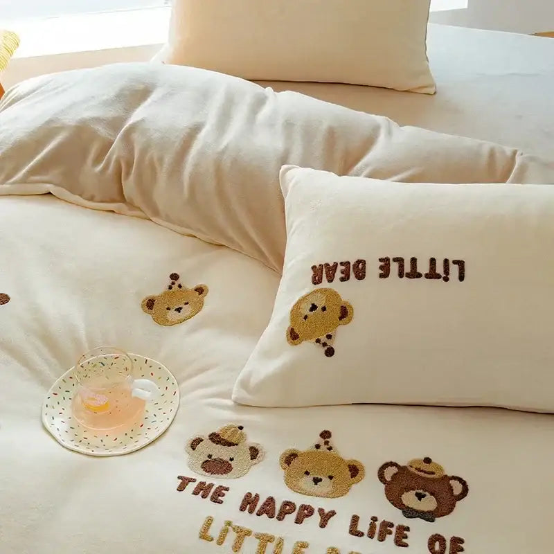 Embroidered fleece winter bedding set cream bedroom teddy bear design