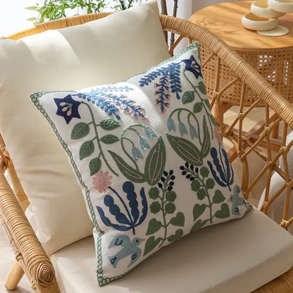Embroidered floral bird white office cushion pillowcase office