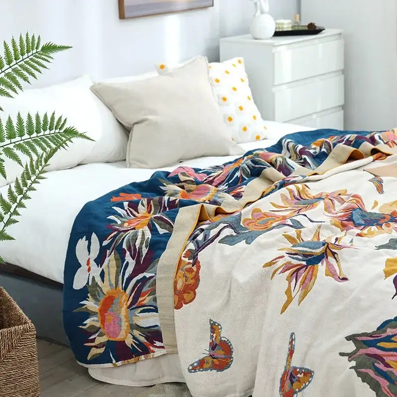 Embroidered floral blue & cream cotton gauze bedroom blanket