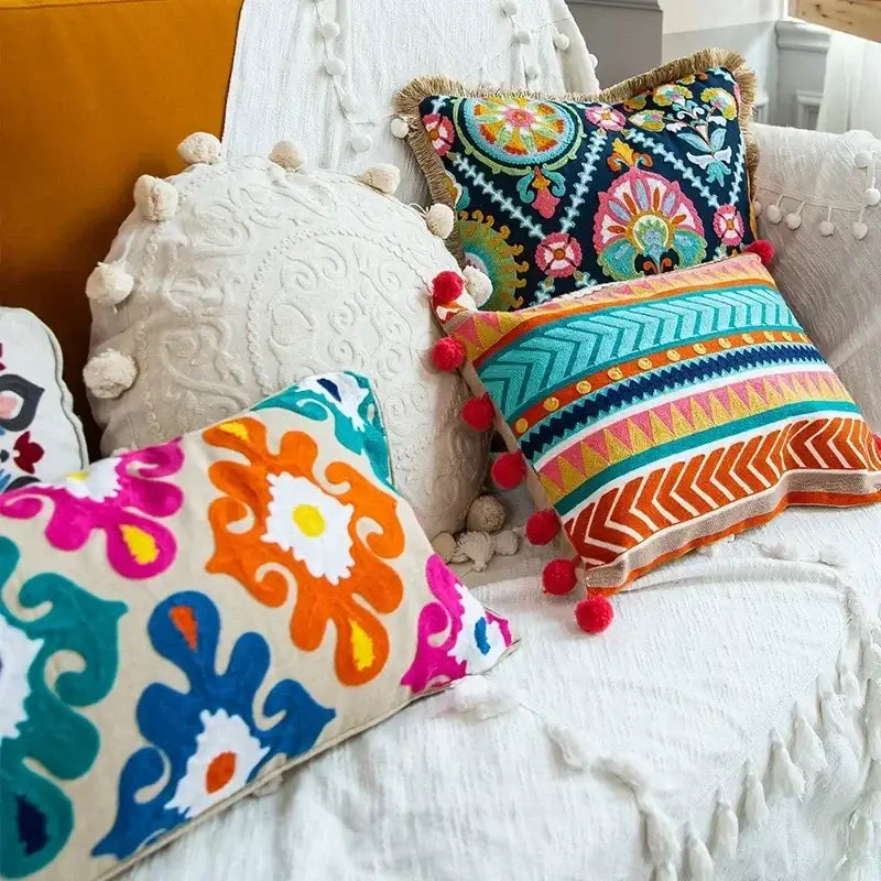 Embroidered flower boho long cushion covers bedroom floral pillow