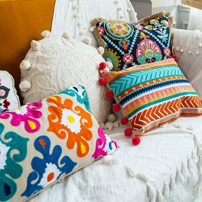 Embroidered flower boho long cushion covers bedroom floral pillow