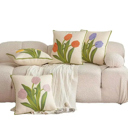 Embroidered flower pillowcase cover cream tulip living room decor