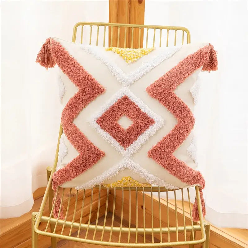 Embroidered geometric leaves pillow cover living room tasseled decor