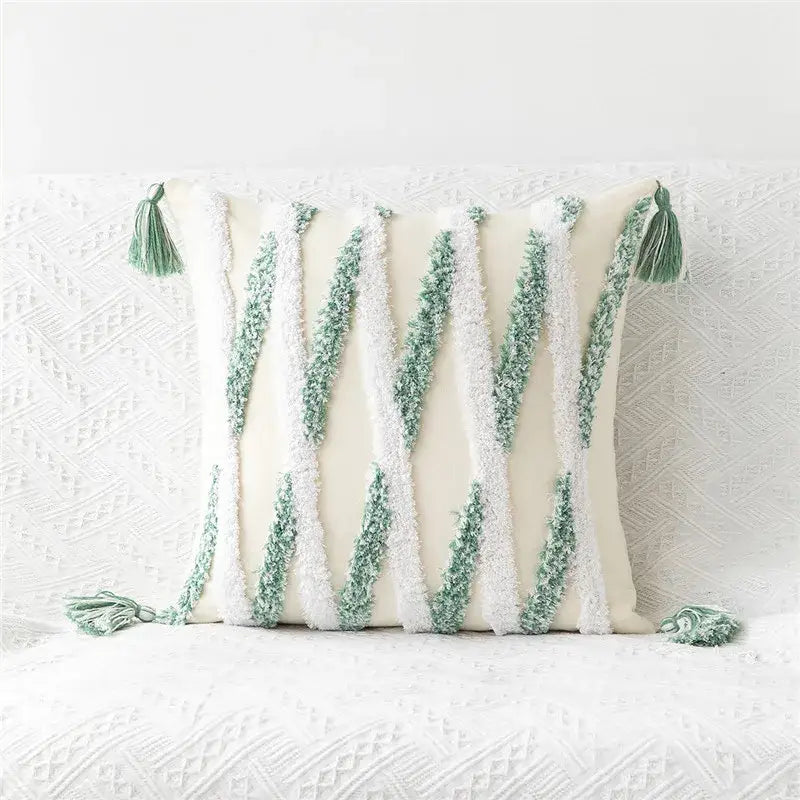 Embroidered geometric leaves pillow cover living room tasseled decor