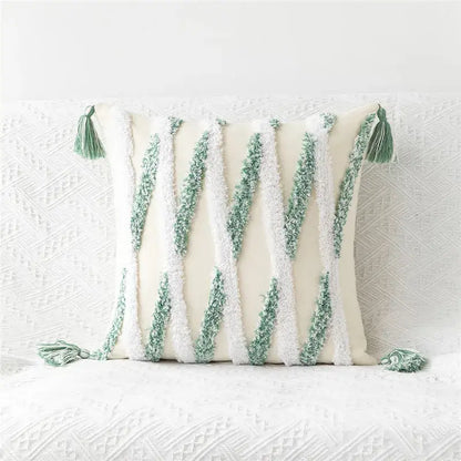 Embroidered geometric leaves pillow cover living room tasseled decor