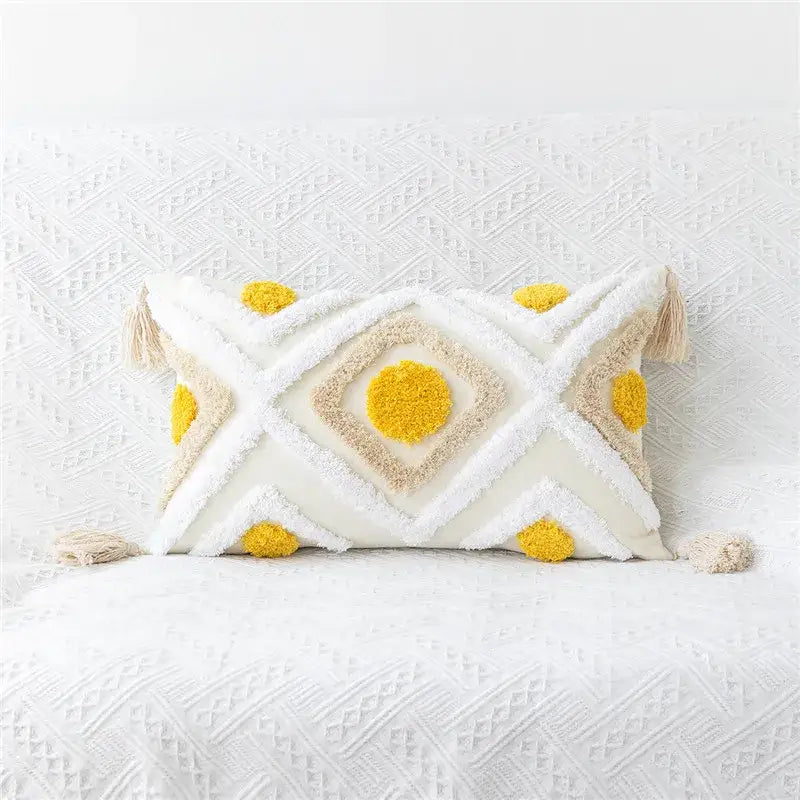 Embroidered geometric leaves pillow cover living room tasseled decor